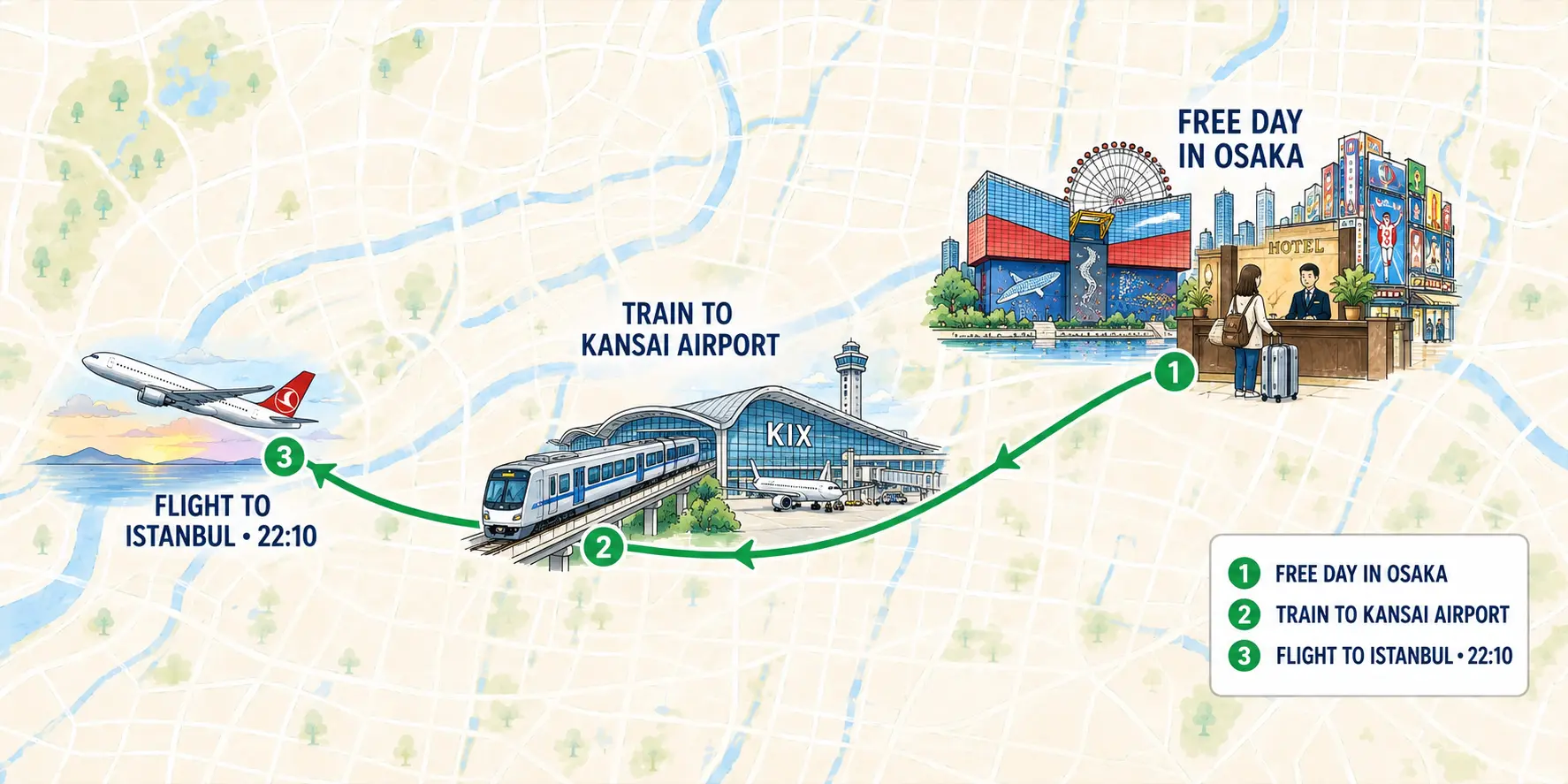 Osaka, prosti dan, odhod na letališče in polet proti Istanbulu