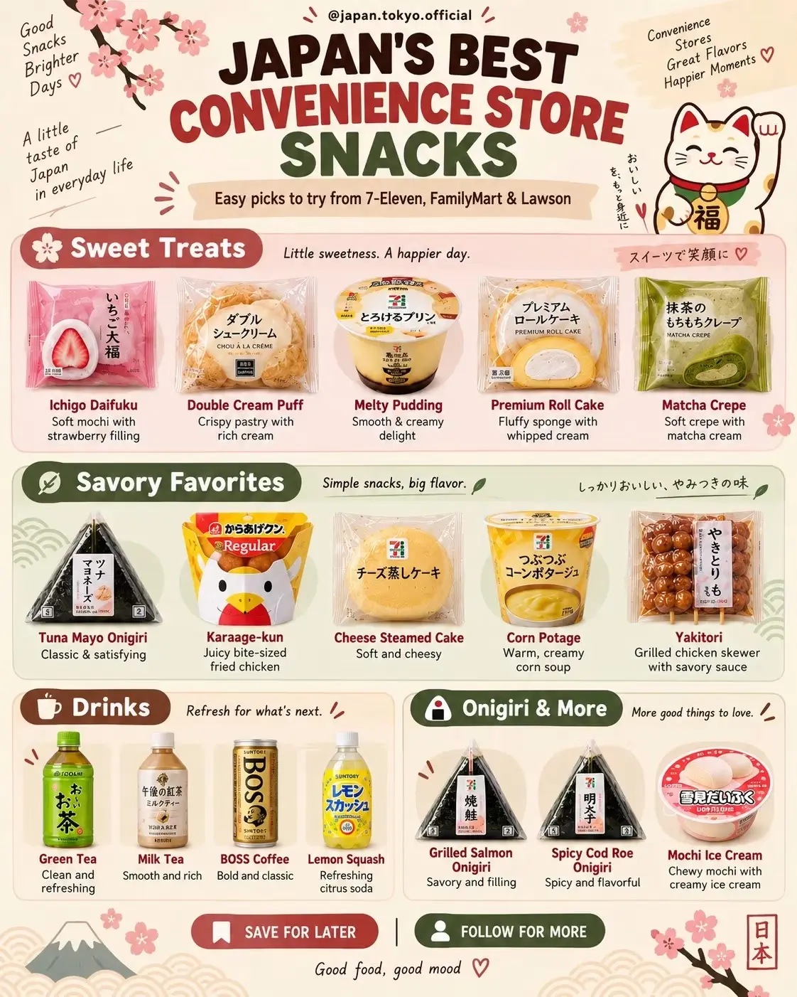 Infografika z najboljšimi japonskimi konbini prigrizki